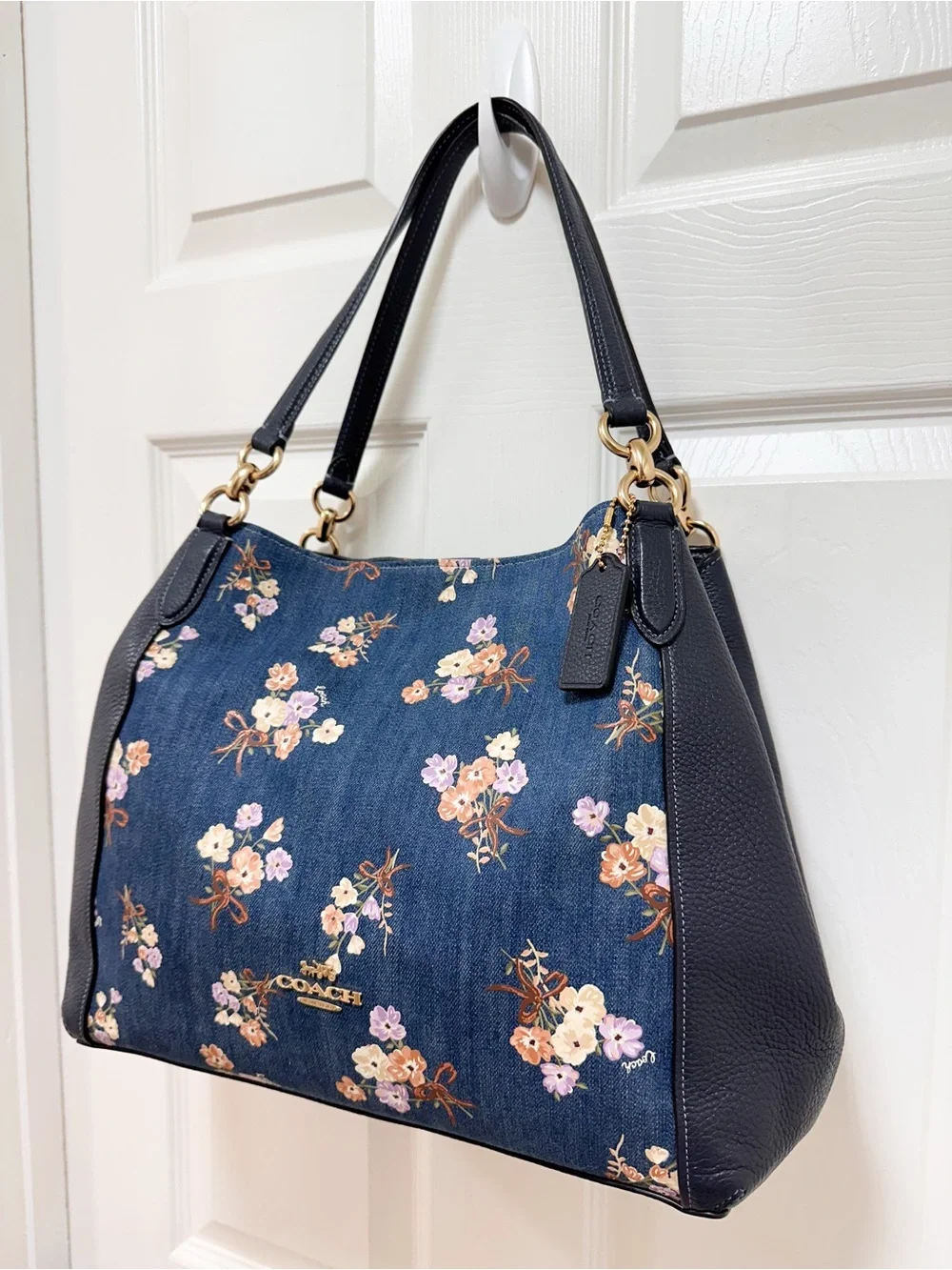 Coach Hallie Shoulder Bag Denim Floral Bouquet Print Navy Leather
